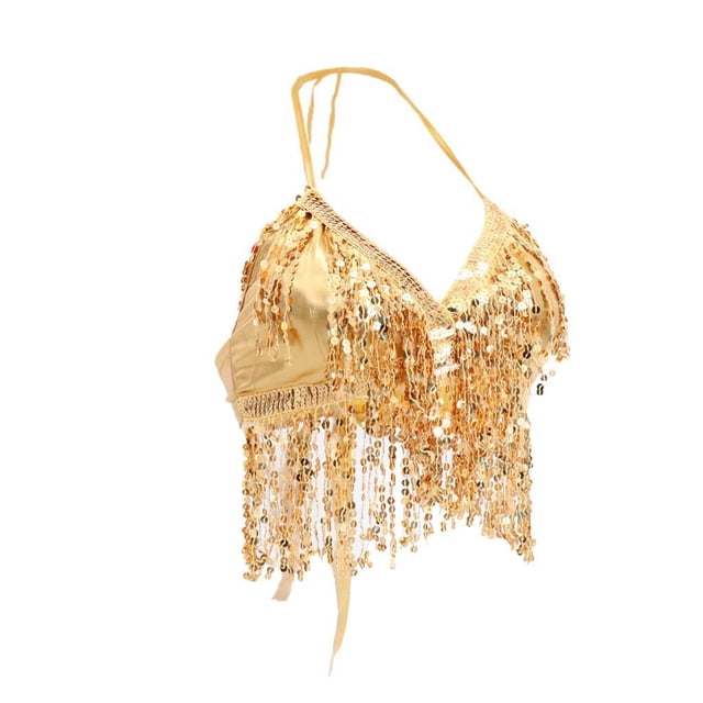 Traje de Danza Del Vientre para Mujer Halte con Correa Ajustable Flecos Y Borlas Oro 80cm dorado Yinane
