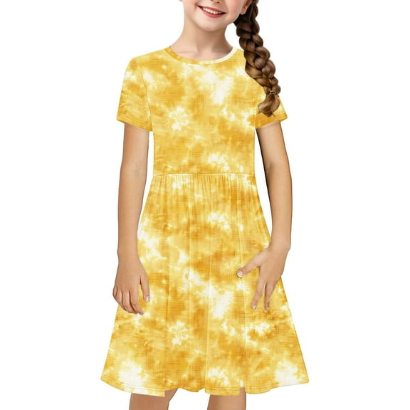 Girls Dress Summer Skater T-Shirt Dress Tie Dye Casual Short Sleeve Flowy Dress for Kids 4-14 Years