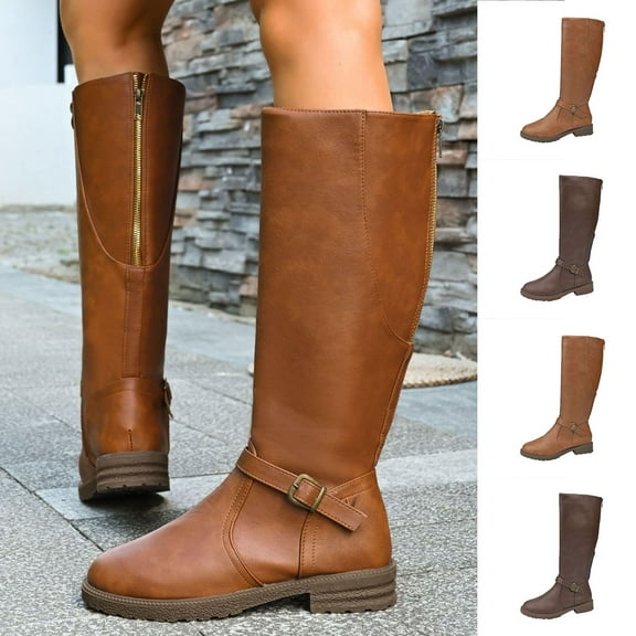 Wide Calf Fall Boots Women's Fashion Casual Winter Long Boots Solid Color Round Toe Side Zipper Chunky Heel Low Heel Knee-High Boots