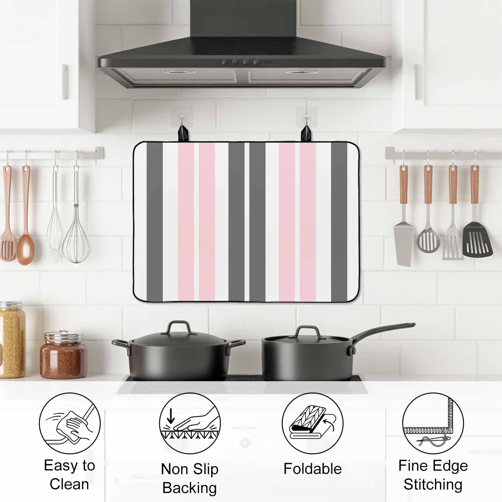 Pink Grey Striped Stove Top Cover for Electric Stove, Heat-proof & Non Slip Glass Top Stove Cover Protector, Gray Modern Abstract Art Kitchen Flat Cooktop Rubber Mat 28.5x20.5 Inches