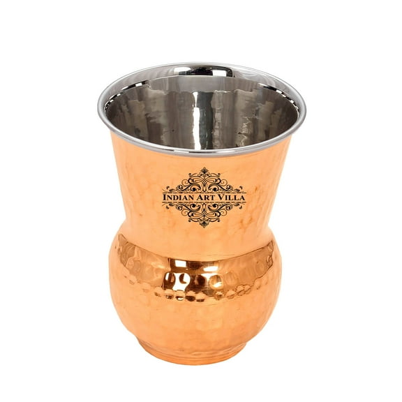 Indian Art Villa Steel Copper Mathat Glass - 14 oz, Small Hammered Elegance, Set of 1
