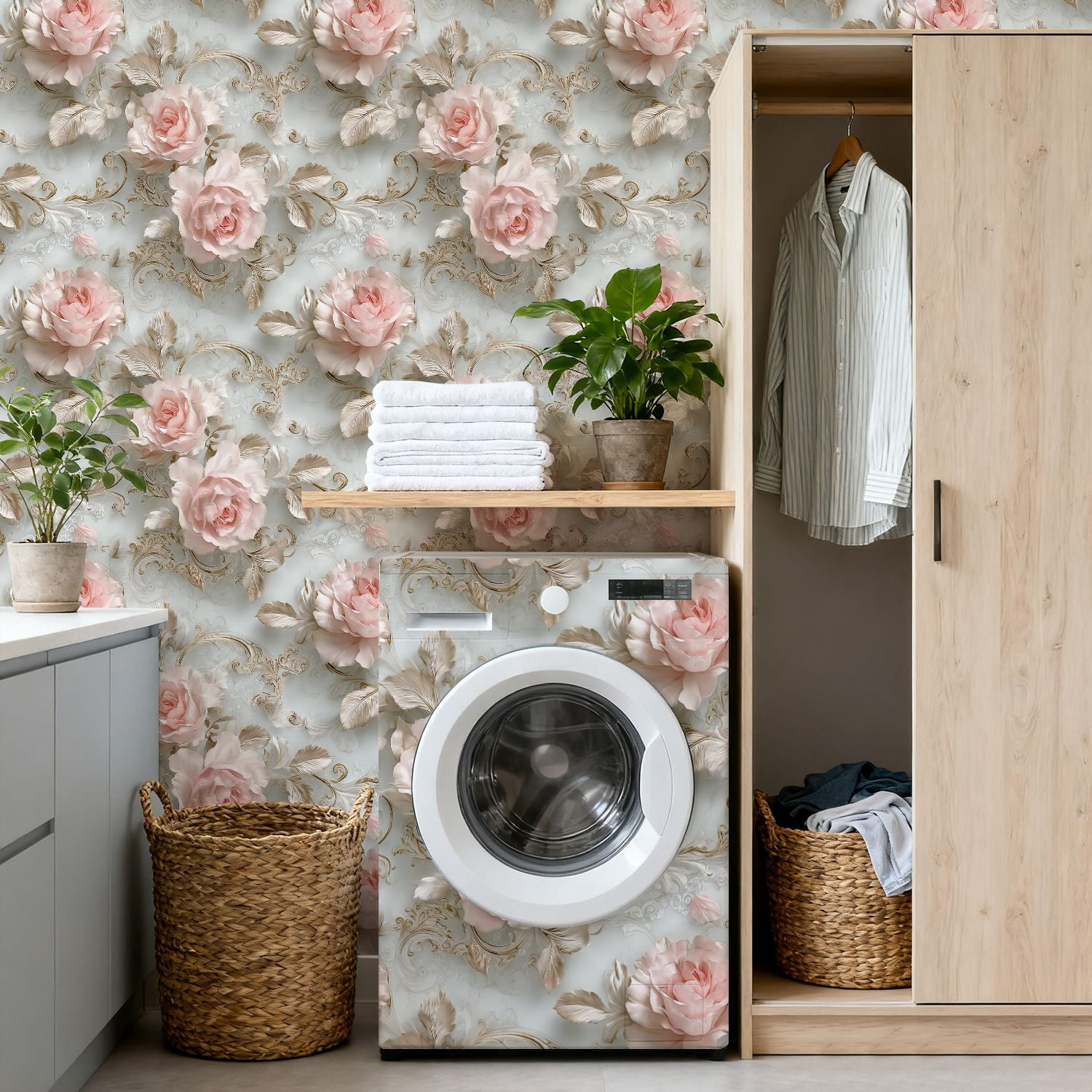 Peel and Stick Wallpaper Elegant Rose Soft Pink Flowers Ornate Gold Detailing Wall Mural 17.7in x 9.8ft Self Adhesive Removable Wall Paper Renter Friendly Wallpaper for Bedroom