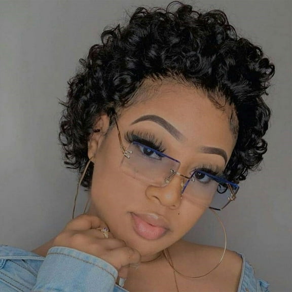 Yatlte Cut Wig Human Hair Short Layered Wigs For Black Women Brazilian Virgin Curly Wavy Human Glueless Short Curly Wigs With Bangs Natural Black Color for Daily Use