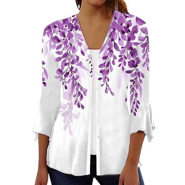Camisa de mujer Blusa Estampado Manga 3/4 Casual Vacaciones Básico Botón Tops Púrpura/M
