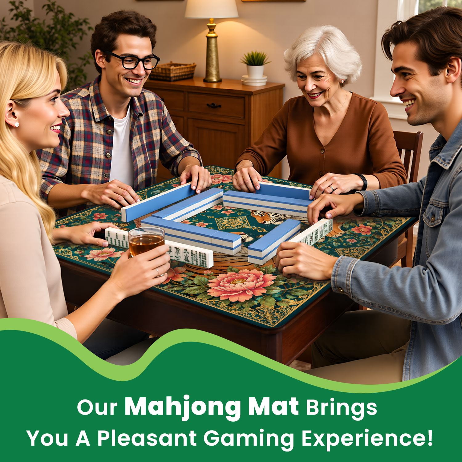Mahjong Mat 31.5" x 31.5" Tigers Exotic Birds Floral Ornamental Teal Non-Slip Noise Reduction Mahjong Tiles Table Cover for Dominoes Poker Card Board and Tile Games