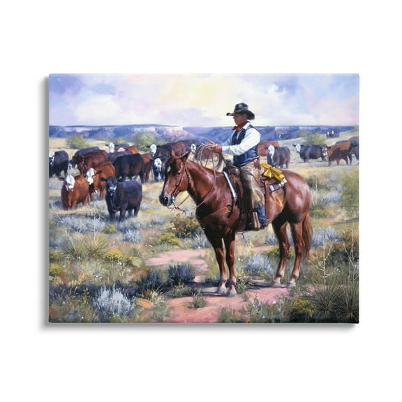Stupell Industries Cowboy Herding Cattle Ranch Animals & Insects Painting Gallery Wrapped Canvas Print Wall Art, 20 x 16