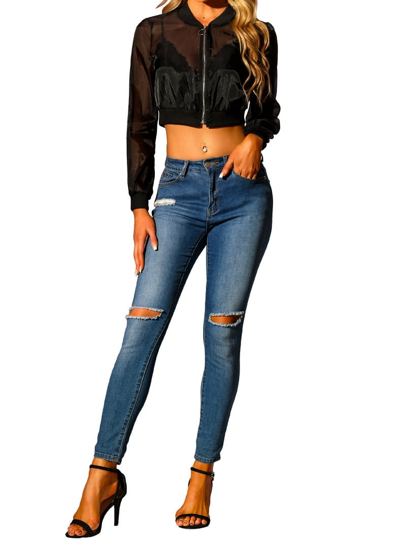 INSPIRE CHIC Bomber Jacket for Women's Long Sleeve Crop Mesh