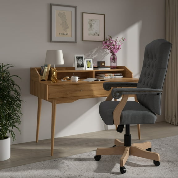 Emma Oliver Gray Fabric Classic Executive Swivel Office Chair with Driftwood Base-Task Chair