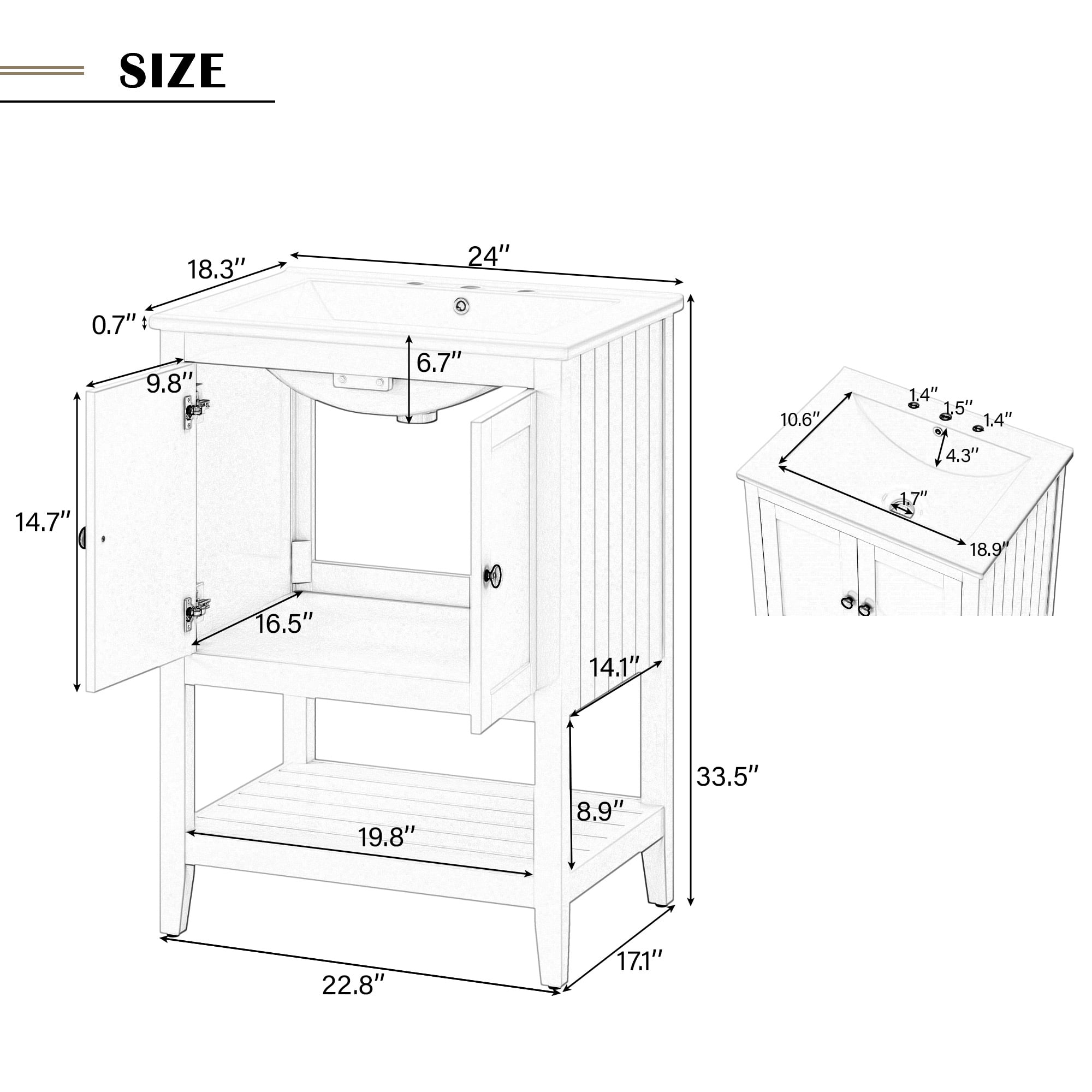 Euroco 24" White Modern Sleek Bathroom Vanity Elegant Ceramic Sink with Solid Wood Frame Open Style Shelf