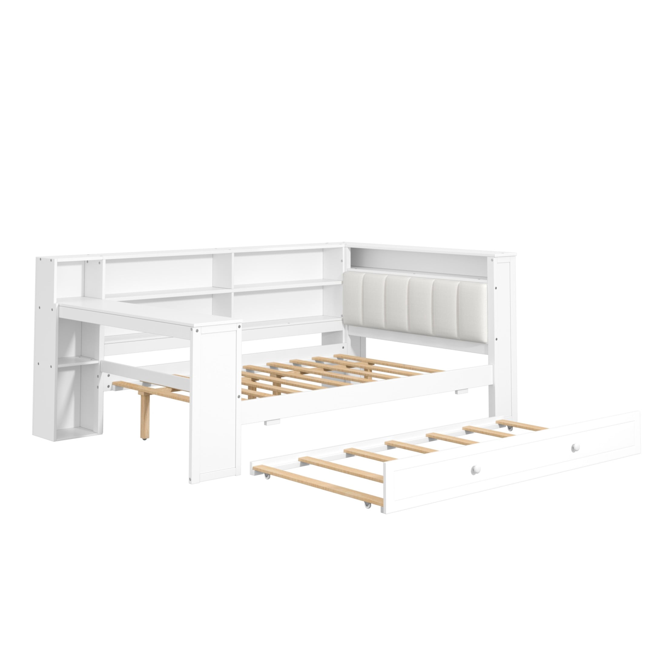 Noble House Full Platform Bed with Storage Shelves and Trundle, LED Desk and Integrated USB, Upholstered Headboard, White