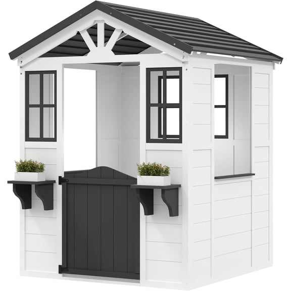 CazToi Wooden Play House for Kids With Play Kitchen Adventures Cottage for Backyard