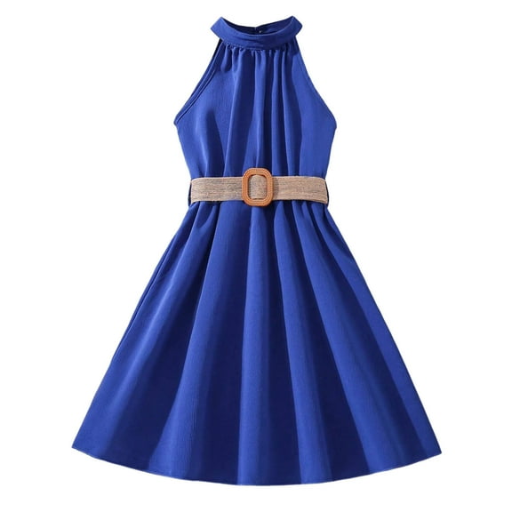 WOYY Big Girls Summer Dress Sleeveless Halter Belted Casual Dress, Sizes 7-12