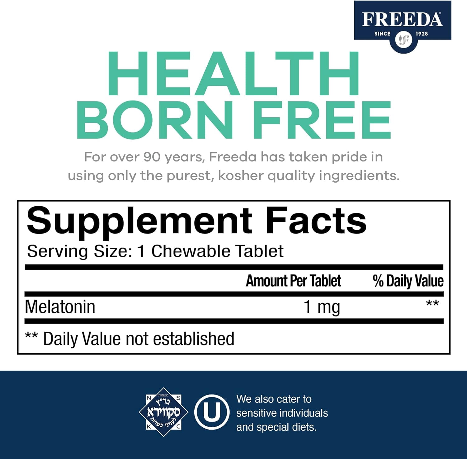 Freeda Melatonin 1 mg Sugar-Free Chewable Tablets | Sleep Support for Adults & Kids Ages 3+ | Vegan, Kosher, Gluten Free | 180 Count
