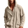 thumbnail image 5 of OHMZYZO Men Long Sleeve Button Down Shirt Cotton Linen Drawstring Casual Lightweight Hoodies with Pockets Khaki S, 5 of 9