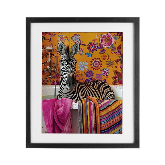 Zebra Bath with Colorful Towel Black Framed Print Under Glass, design by Momart