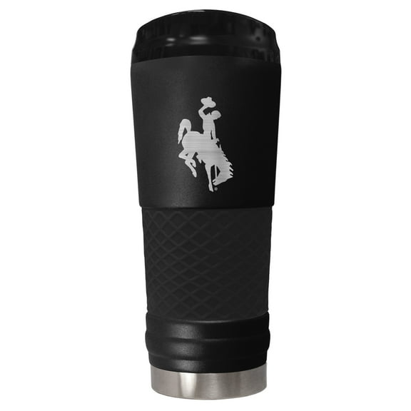 Wyoming 24 ounce vacuum insulated stainless steel tumbler in black powder coat and laser etched team logo