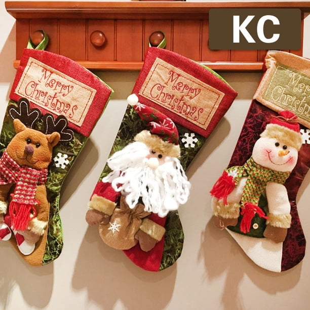 Calcetín navideño, 3 bolsas grandes de regalo de Navidad, calcetín navideño de Papá Noel, muñeco de nieve y reno, calcetín navideño colgante, decoración para chimenea de árbol de Navidad, vitrina de dulces Rojo Verde
