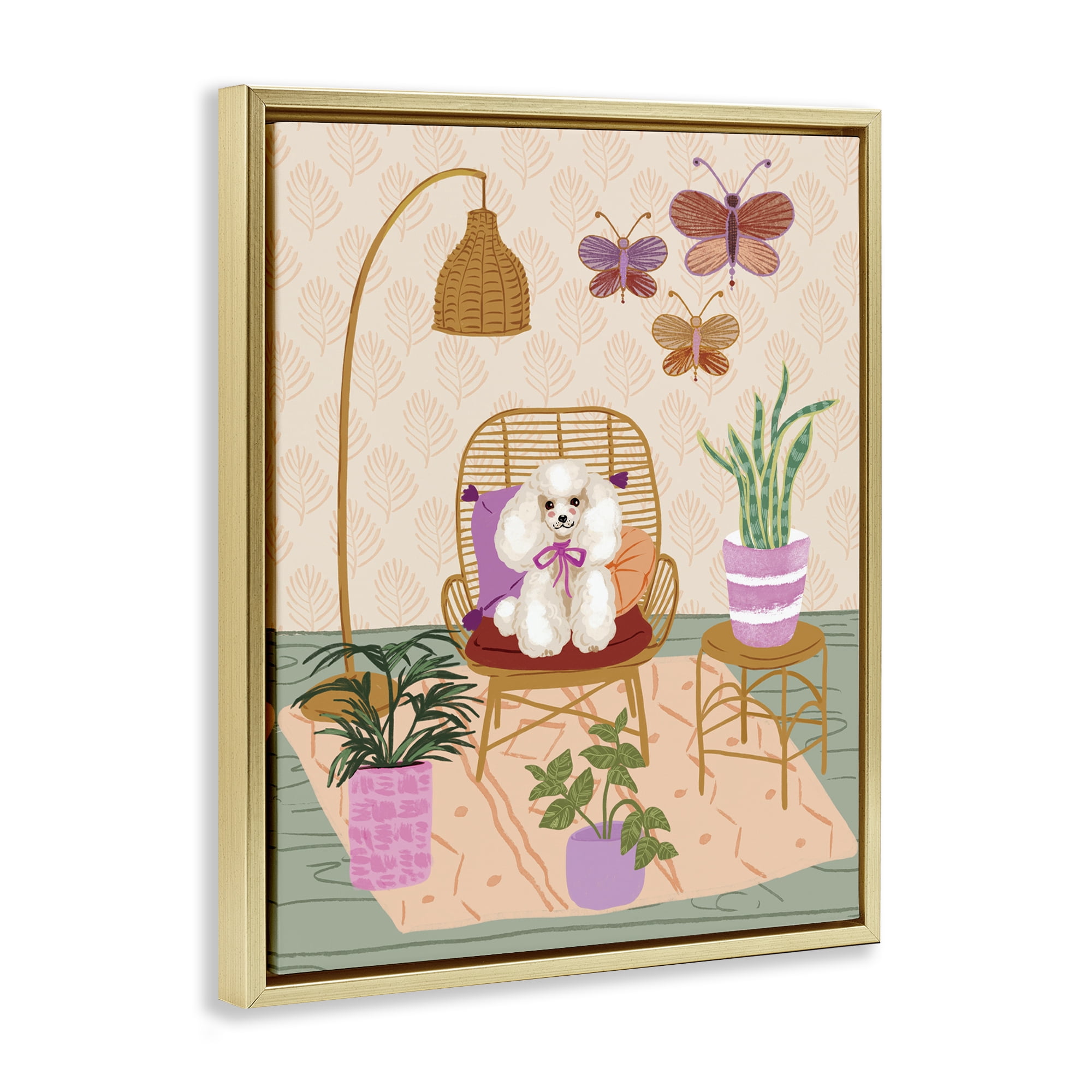 Stupell Industries Pup in Whimsical Living Space Animals Painting Gold Floater Framed Canvas Art Print Wall Art, 25 x 31