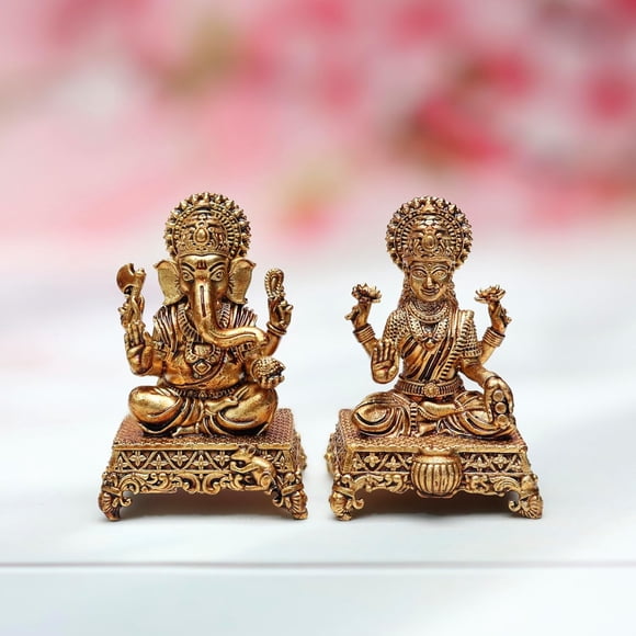 Pure Brass Small Laxmi Ganesh Idol, Handcrafted Idol Sitting On Chauki - 4 Cm, Lakshmi Ganesha Murti For Home Pooja, Decoration & Car Dashboard, Religious, Gold, Lightweight - 2 Pieces