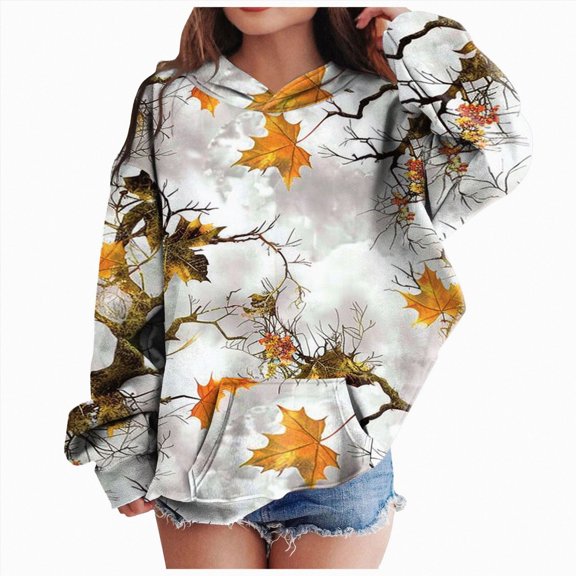 Gubotare Camo Hoodie Kids Cute Hoodies Maple Leaf Print Oversized Drop Shoulder Fleece Hooded Sweatshirt Pullover With Pocket (Light Gray, 11-12 Years)