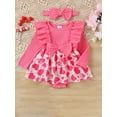 thumbnail image 2 of Biekopu Infant Valentine's Day Outifit Long Sleeve Heart Print Frill Trim Dress Ribbed Romper + 3D Bow Headband 2 Piece Baby Girl Set, 2 of 9