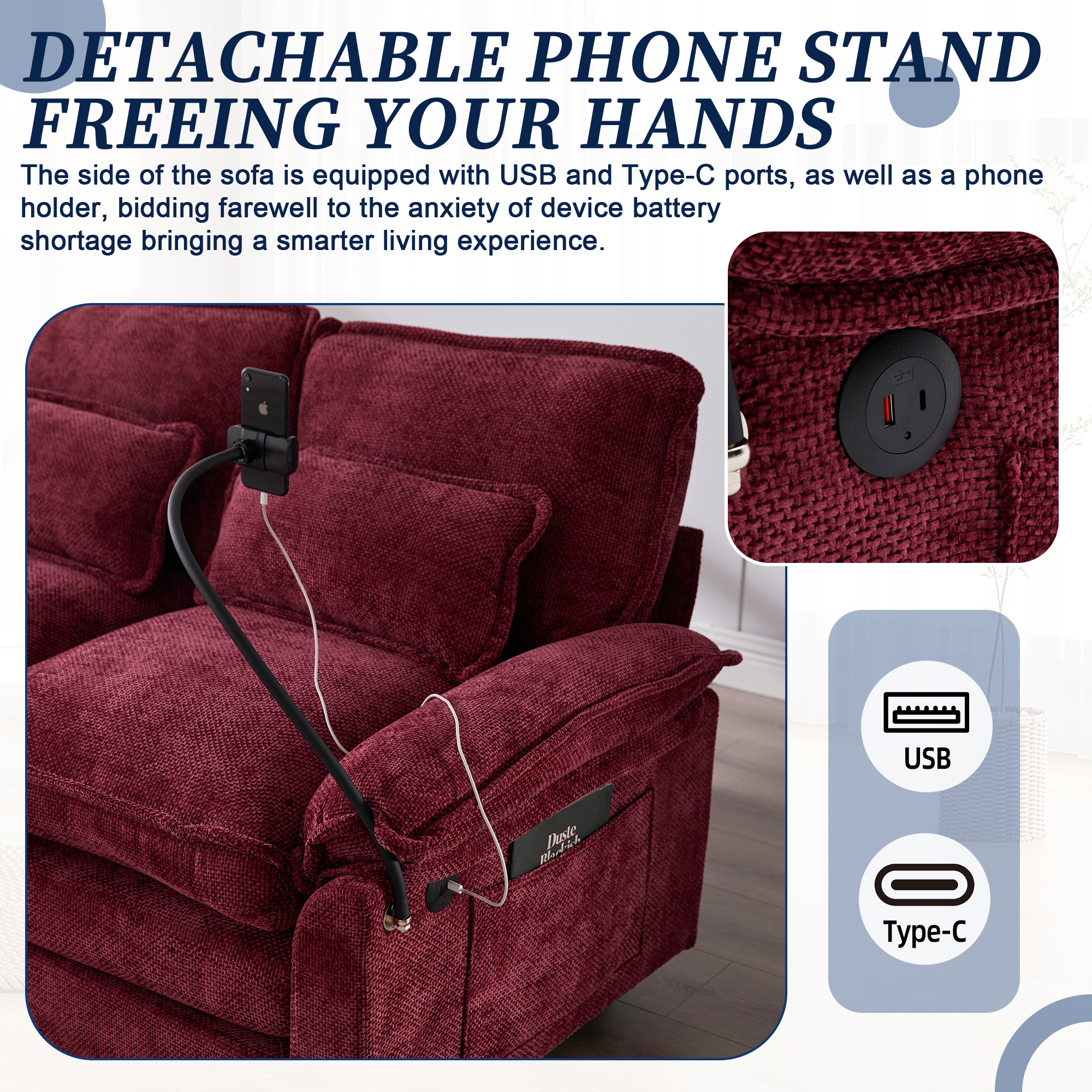 MOONMISS Chenille Upholstered Oversized U-shaped Comfy Modular Sectional Sofa with Storage Ottoman-Wine Red