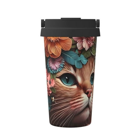 

Hirioo Flower Crown Cat for Coffee Travel Mug Insulated Coffee Mug with Lid