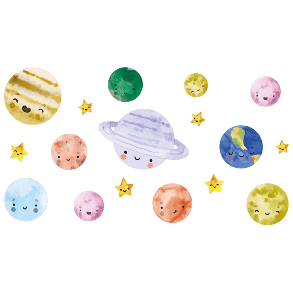 Removable Multicolored 22" x 36" Smiley Planets & Stars Kids Bedroom Decoration Colorful Outer Space Themed Design Easy To Apply Vinyl Adhesive Home Wall Decal Sticker