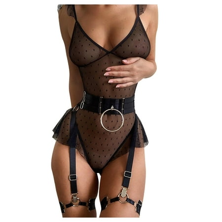 

Sngxgn Lingerie for Women Lace Teddy Lingerie Snap Crotch Bodysuit Leather Bodysuit Black S