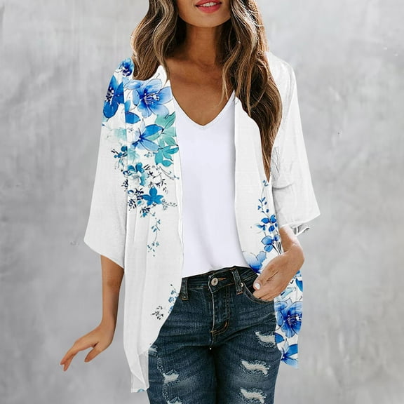 CFLVAEK Cardigans for Women Trendy Summer Plus Size 3/4 Sleeve Floral Kimono Cardigan Lightweight Open Front Cover Ups Multicolor XXXXXL