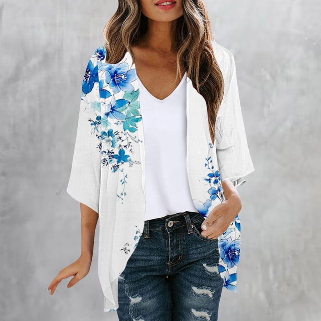 UPPADA Cardigan à Manches 3/4 pour Femmes, Léger, Chic, à Imprimé Floral, Ouvert à l'Avant, par-Dessus de Plage, Décontracté, Fluide, Mignon, Multicolore, TTTG