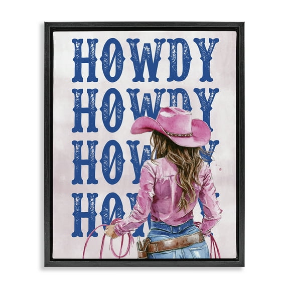 Stupell Industries Howdy Cowgirl with Lasso People Painting Black Floater Framed Canvas Art Print Wall Art, 17 x 21