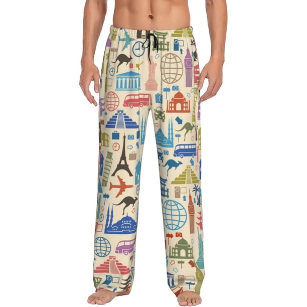Fotbe Famous Places Pantalones de Pijama para Hombre, Pantalones de Dormir, Pantalones de Casa con Cintura Ajustable y Bolsillos-Medium