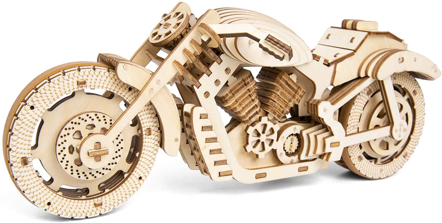 Motorcycle Wood Model Kit, 3D Wooden Puzzles with Rubber Band Motor ...