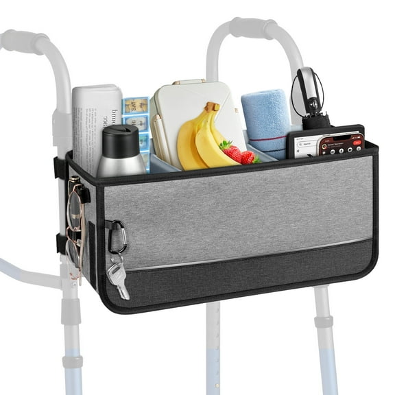 FINPAC Large Walker Basket for Foldable Walker, Storage Bag Strap Attachment Organizer Pouch with Cup Holder and Dustproof Lids