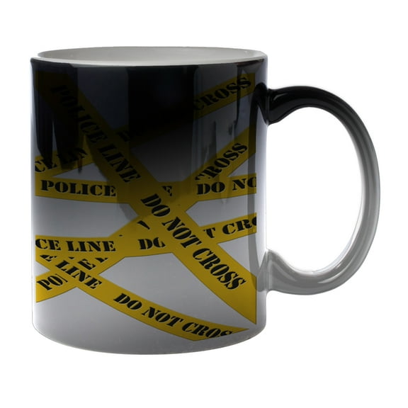 KuzmarK Black Heat Morph Color Changing Coffee Cup Mug 11 Ounce - Do Not Cross Police Line