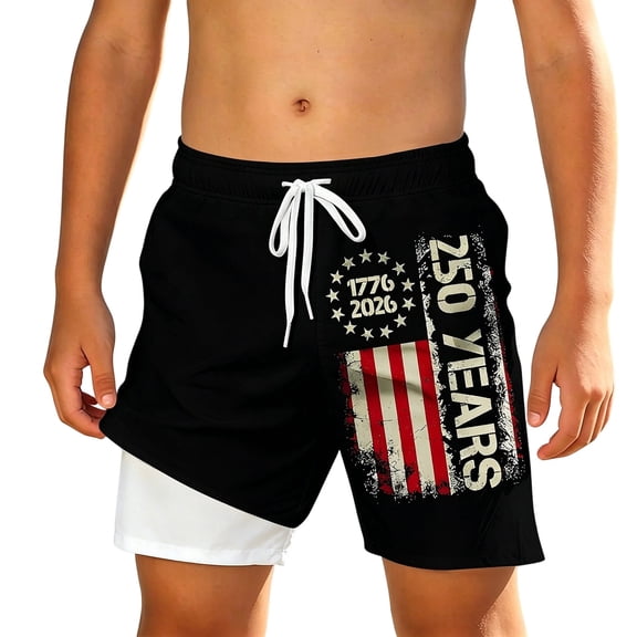 Boys Patriotic Graphic Swimwear 4th of July 250th Anniversary Swim Trunks With Print Swim Shorts For Kids Comfortable Beach Pool Swimwear Black 14-16T