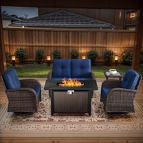 POCASSY 5 Pieces Fire Pit Table Set Patio Furniture with Glider Loveseat, All Weather Outdoor Conversation Set with Cushioned Patio Loveseat and Patio Swivel Chairs, Brown Wicker Blue Cushion