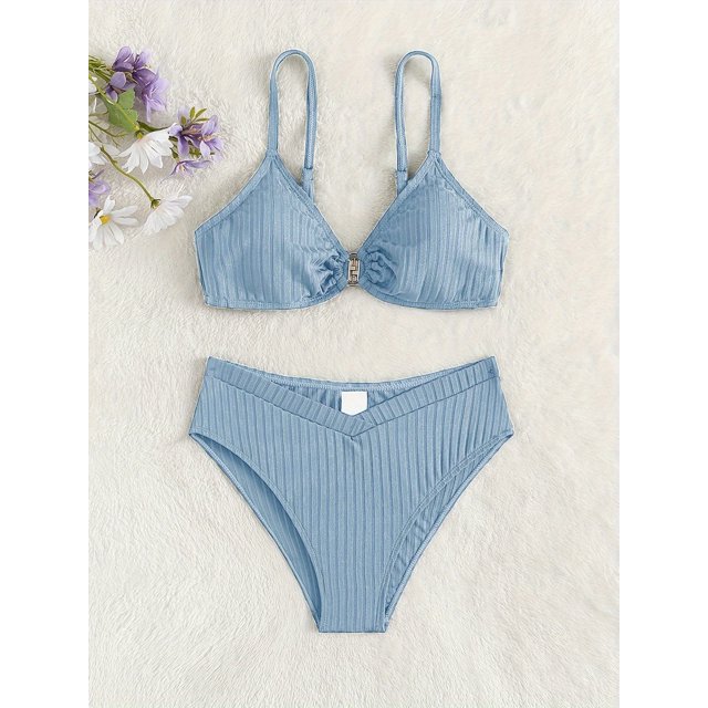Elegant Solid 2PCS Bathing Suits For Girls, Sling Top + Brief Swimwear For Pool Beach Holidays Summer Gift