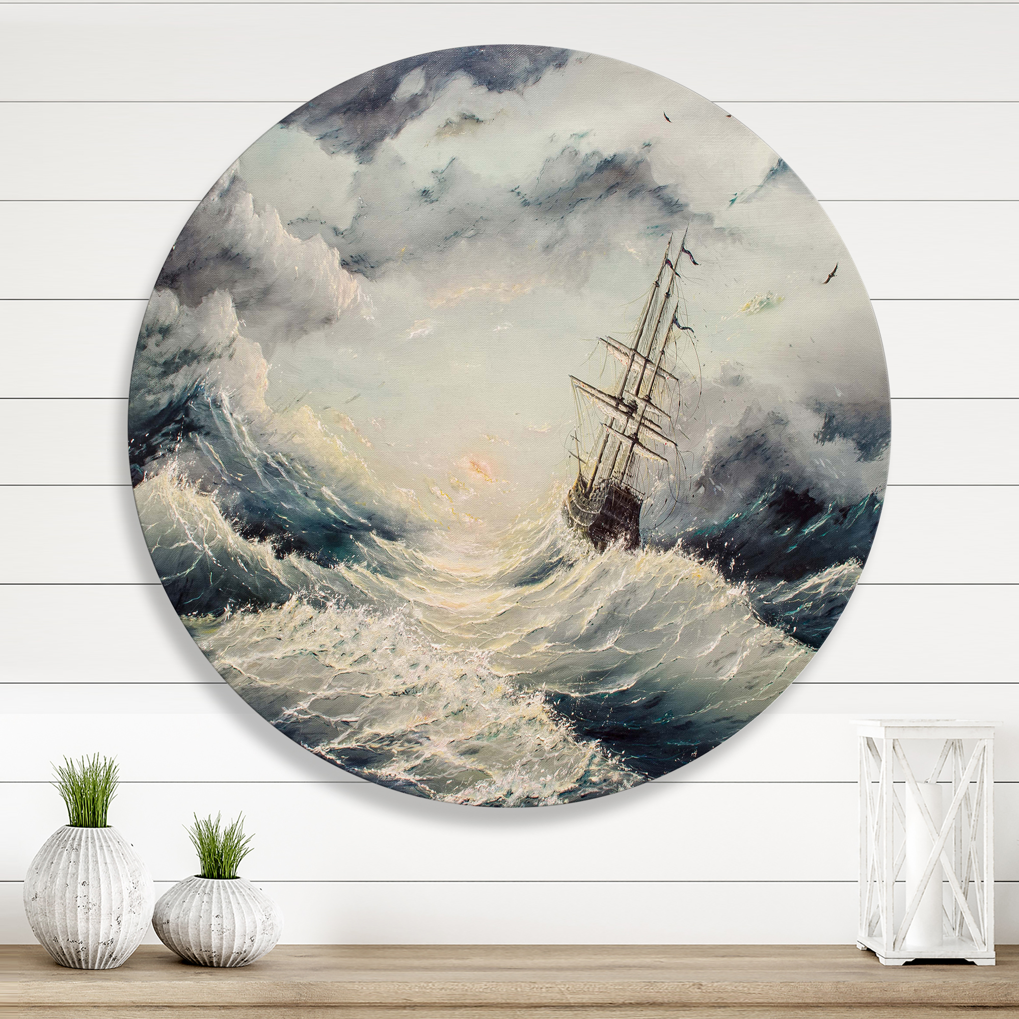 Designart 'Ship Struggles With The Sea Storm' Nautical & Coastal Circle Metal Wall Art 11x11 - Disc of 11
