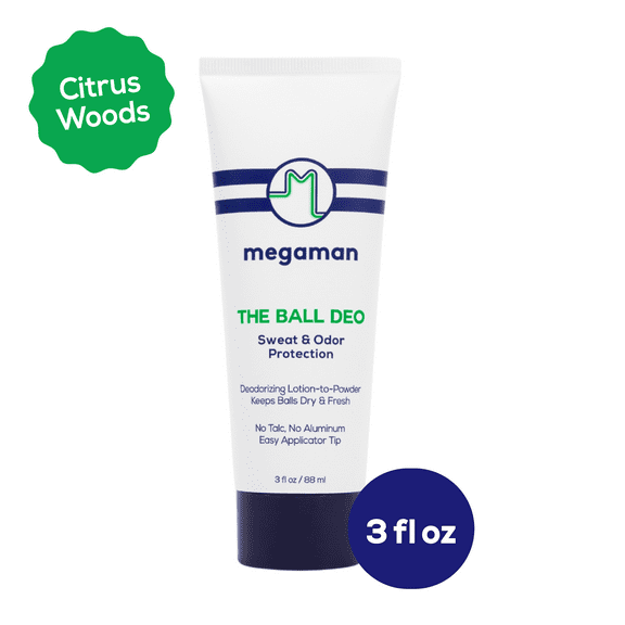 Megaman Ball Deo Deodorizing Lotion-to-Powder, Prevents Odor, Chafe, Irritation, 3oz
