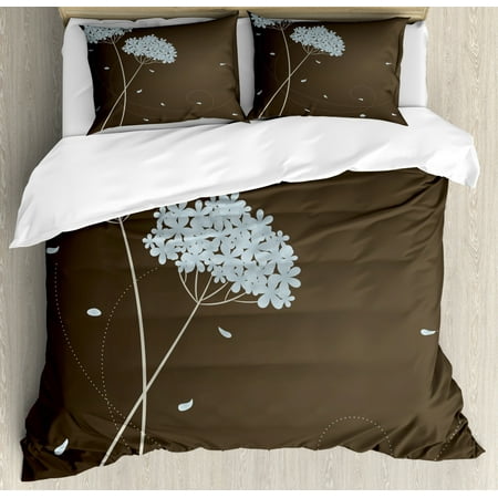 Brown And Blue Duvet Cover Set Floral Design With Swirl Lines