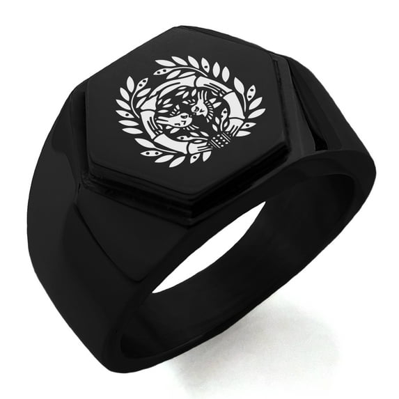 Stainless Steel Date Masamune Samurai Crest Engraved Hexagon Crest Flat Top Biker Style Polished Ring
