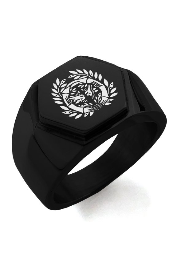 Stainless Steel Date Masamune Samurai Crest Engraved Hexagon Crest Flat Top Biker Style Polished Ring