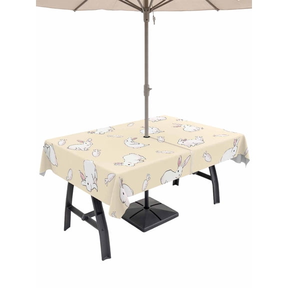 Easter Bunny Outdoor Tablecloth - 60x102 Inch Rectangle Dining Table Cover, Cartoon Carrots Cute Rabbits Sketch Yellow Waterproof Outdoor Table Cloth with Umbrella Hole & Zipper for Picnic/Patio