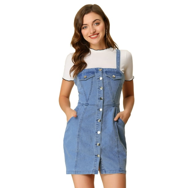 Falda con tirantes de mezclilla con tirantes ajustables y botones para mujer Azul claro XL