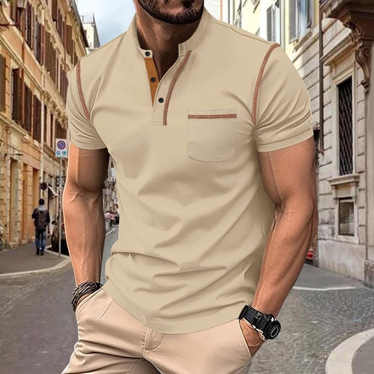 サタデーズNYCゴルフ　Tech SS Polo Shirt Khaki Mens Polo Shirts Short Sleeve Solid Color V-Neck Tennis Shirt