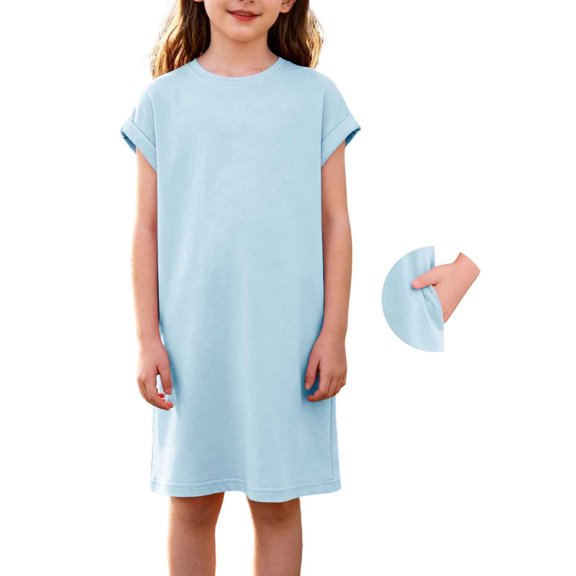 NAISIBABY Girls Casual Dresses 7T, Crewneck Short Sleeve Loose Soft Kids Summer Dress with Pockets (5-14T)