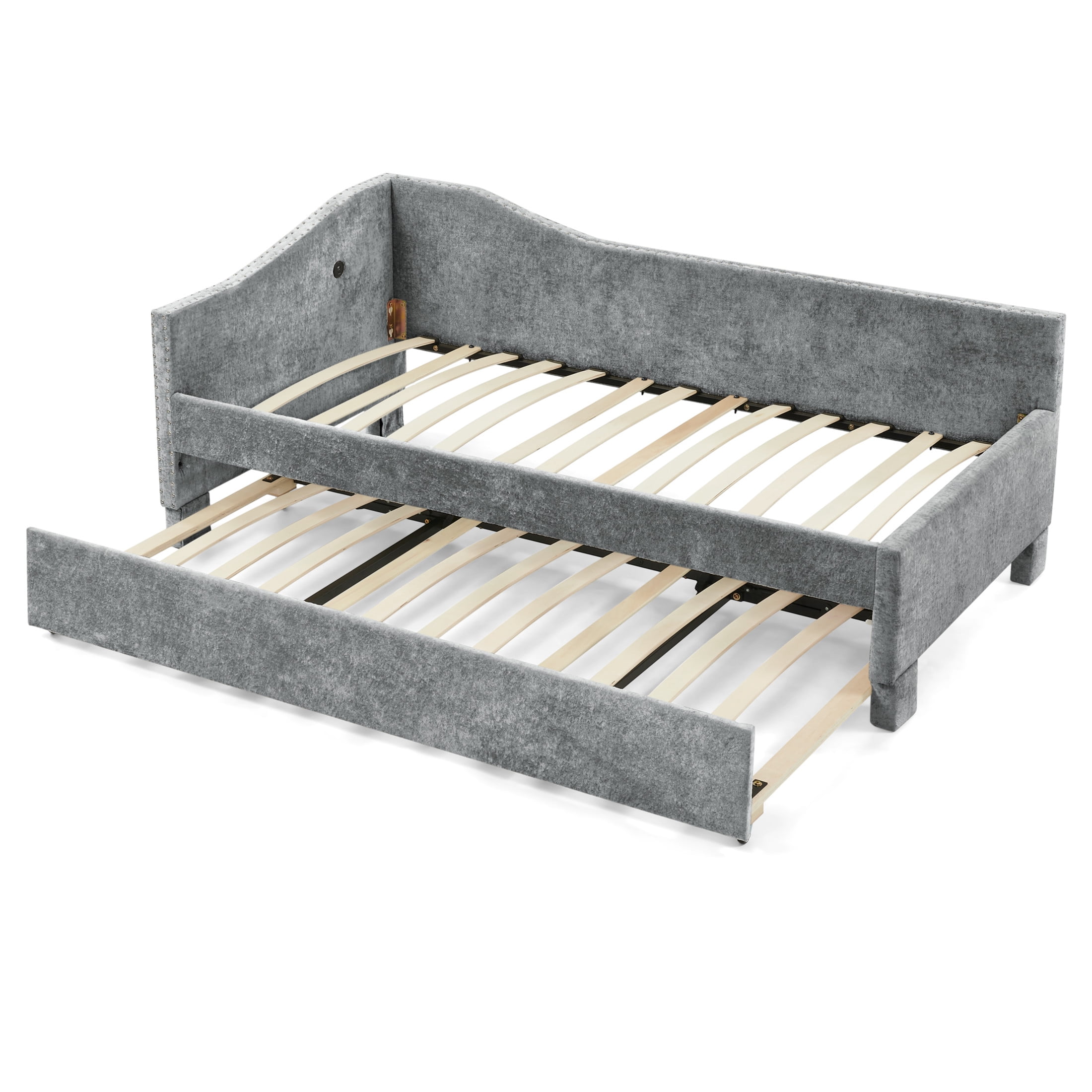 Noble House Phineas Full Size Chenille Padded Daybed, Sofa Bed Frame with Twin Trundle and Charging Port, Grey