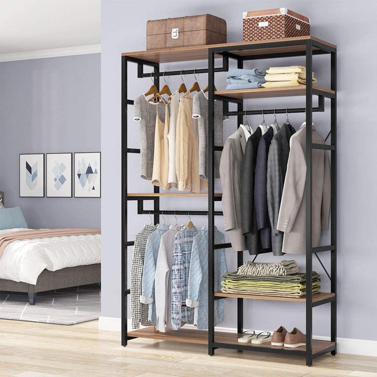  Tribesigns Freestanding Closet Organizer, Heavy Duty Clothes  Closet, Extra Large Metal Garment Rack with Shelves and Hanging Rod,  Vintage Walnut Board Finish & Black Metal Frame : Home & Kitchen